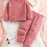 2pc Double-sided Fleece Sets, Solid Top & Jogger Pants Kids Clothes For Toddler Girls Fall Winter Outdoor
