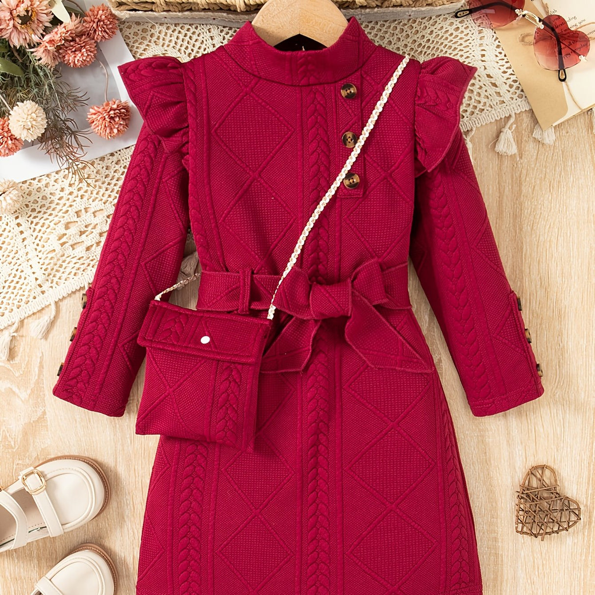 New Spring and Autumn Children's Plain Color Trendy Flying Sleeve Long Sleeve Water Drop Buckle Straight Dress + Belt + Bag