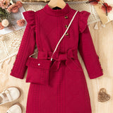 New Spring and Autumn Children's Plain Color Trendy Flying Sleeve Long Sleeve Water Drop Buckle Straight Dress + Belt + Bag