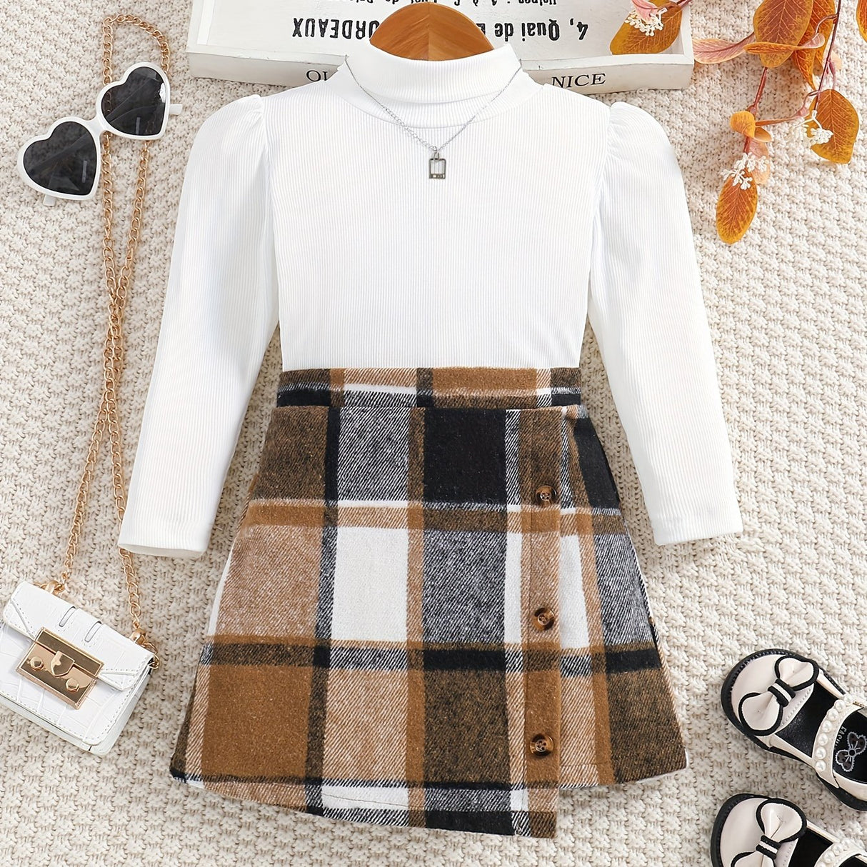 Girl's Elegant 2pcs, Ribbed Long Sleeve Top & Skirt Set, Button Decor Plaid Print Casual Outfits, Kids Clothes For Spring Autumn