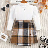 Girl's Elegant 2pcs, Ribbed Long Sleeve Top & Skirt Set, Button Decor Plaid Print Casual Outfits, Kids Clothes For Spring Autumn