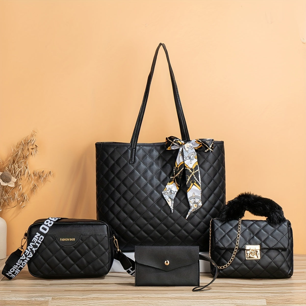 Quilted Detail Tote Bag Set: Classic Shoulder Chain Bag, Crossbody Purse with Scarf Decor
