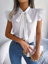 Bow Tie Flutter Sleeve Blouse, Elegant Sleeveless Solid Ruffle Trim Blouse, Women's Clothing Wedding holiday vacation