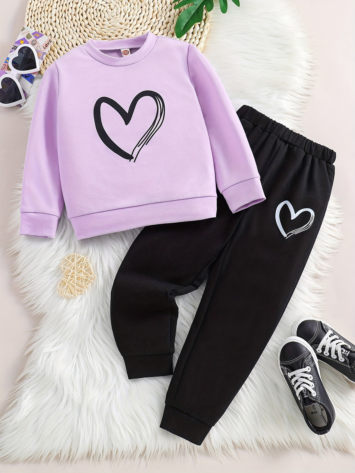 Girl's 2pcs, Sweatshirt & Sweatpants Set, Love Heart Print Long Sleeve Top, Casual Outfits, Kids Clothes For Spring Fall