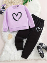 Girl's 2pcs, Sweatshirt & Sweatpants Set, Love Heart Print Long Sleeve Top, Casual Outfits, Kids Clothes For Spring Fall