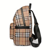 Vintage Plaid PU Material Women's Backpack With Adjustable Straps And Zipper Closure, Casual Style Large Capacity Travel School Bag