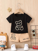 Toddler Boys 2-Piece Set, Cute Bear Pattern, Casual Short Sleeve T-Shirt & Shorts, Comfortable Summer Outfit for Kids