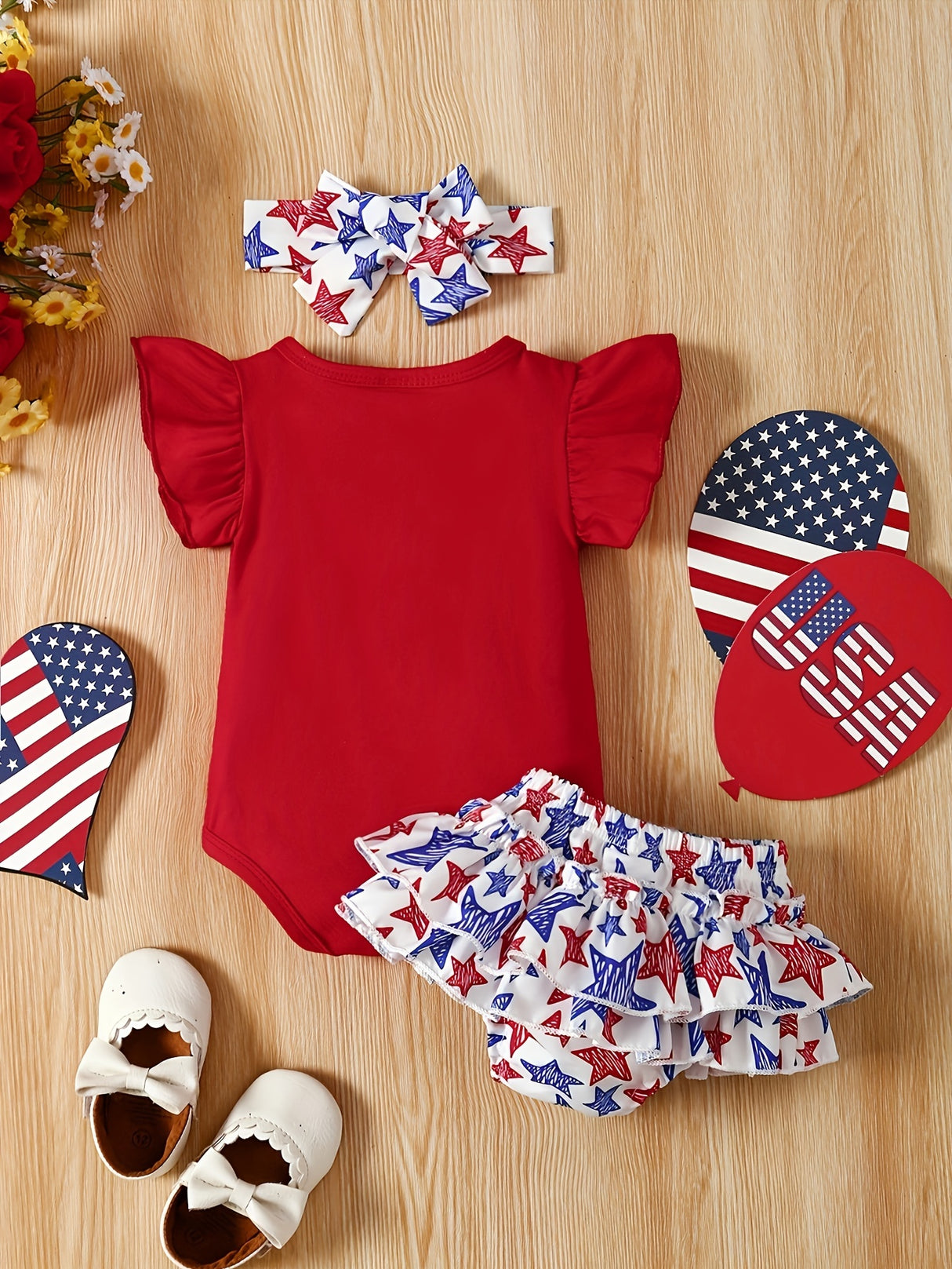 3pcs Baby Girl Summer "My First Independence Day" Embroidered Shoulder Short Sleeve Khaki + Star Full Print Lace Shorts Hair Band Set of Three