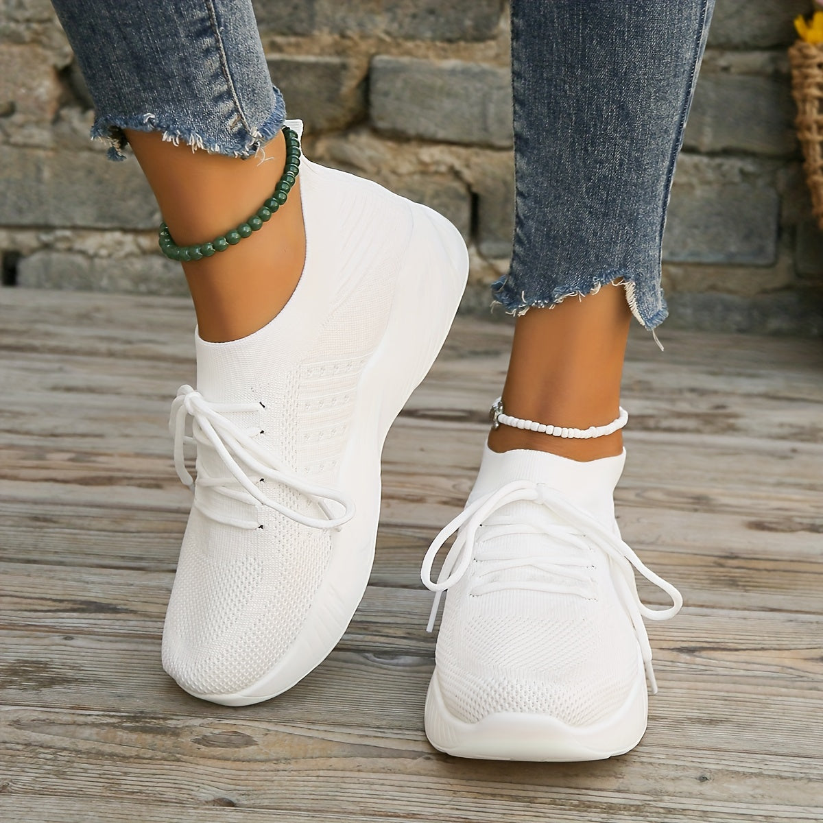Women's Knit Sports Shoes, Solid Color Lace Up Low Top Running Shoes, Casual Outdoor Sneakers