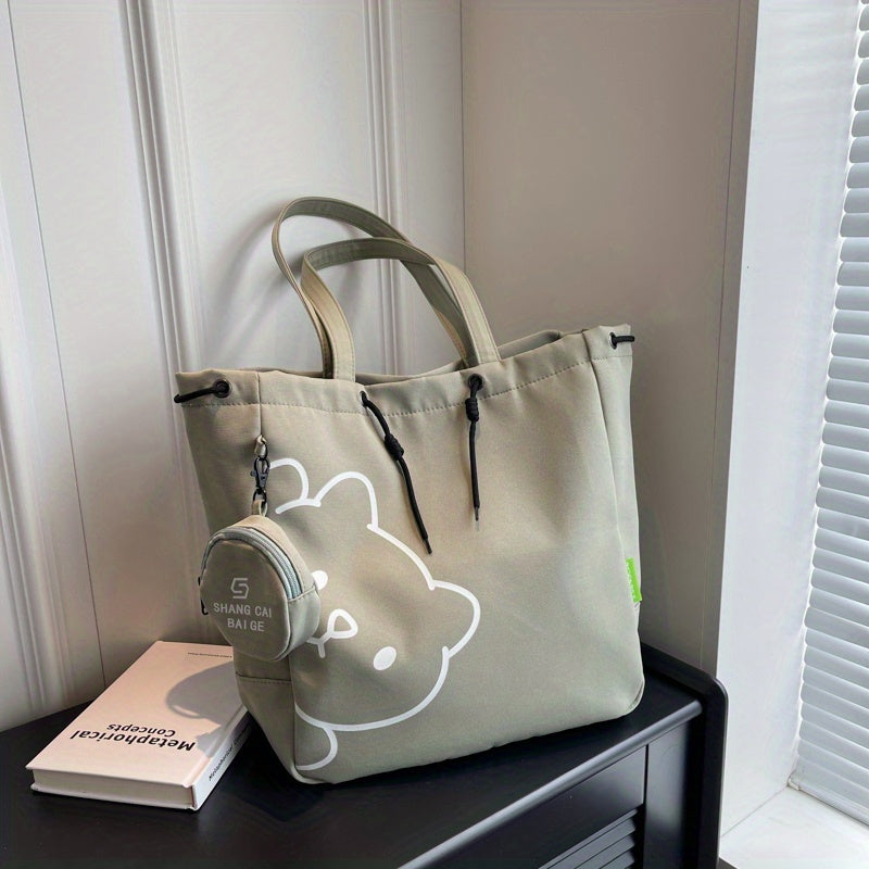 Simple Cartoon Bear Canvas Shoulder Bag, Versatile All-Match Tote Bag With Mini Coin Purse