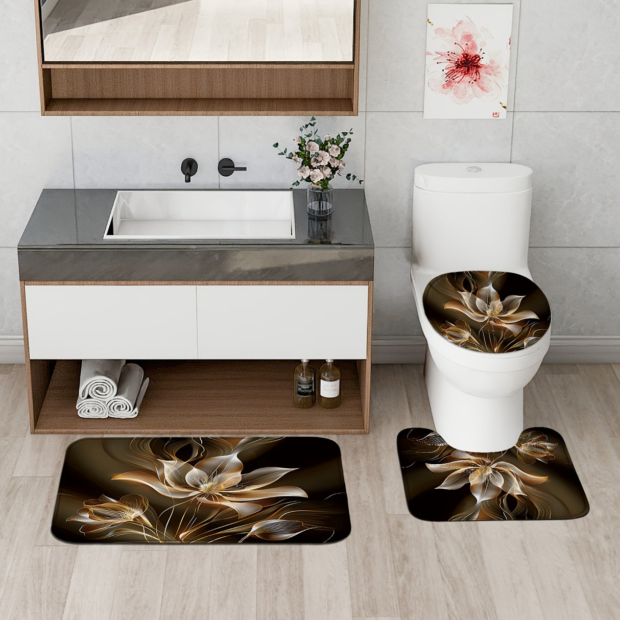 1/4pcs Deluxe Floral Shower Curtain Set - Waterproof, Non-Slip, U-Shaped Toilet Mat, 12 Hooks, Bath Mat, Bathroom Decor Accessories - Complete Bathroom Essentials Kit