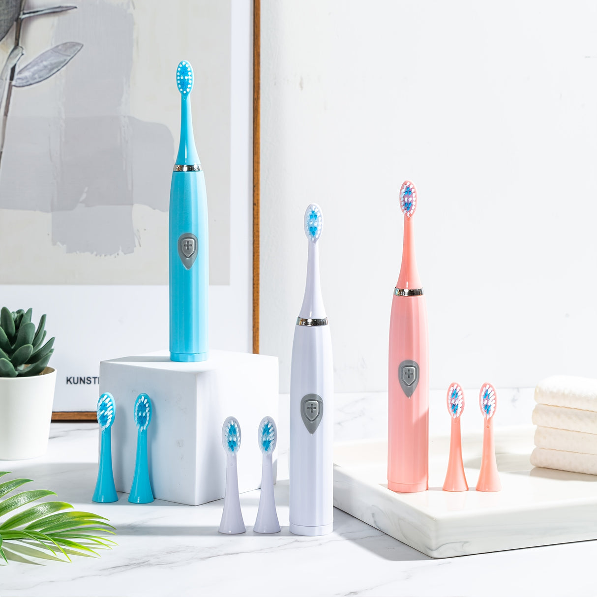Portable electric toothbrush that doesn't require charging, with tapered soft bristle brush head for adults