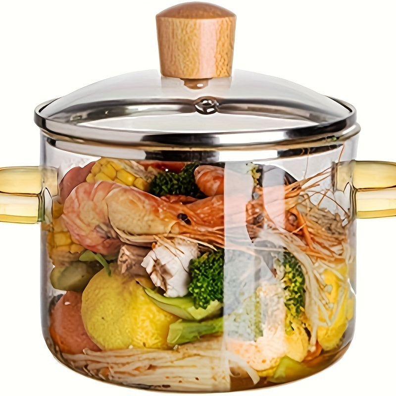 50.72oz Borosilicate Glass Stovetop Pot with Lid - Heat Resistant Transparent Cooking Pot for Soup, Milk, Porridge - Dual Yellow Handles, Microwavable & Stove Compatible Cookware