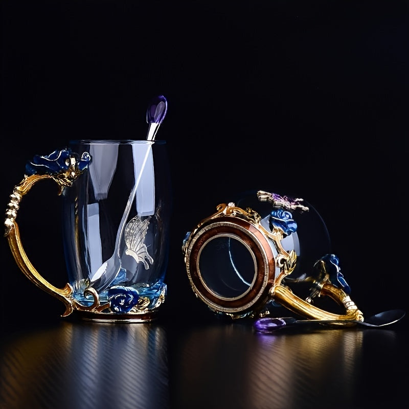 1pc Delicate Rose Enamel Butterfly Painted Clear Glass Tea Cup Coffee Mug Tumbler with Spoon Set - Lead-Free, Reusable, Hand Wash Only, Round Shape, Multipurpose, Perfect for Valentines Day Gift