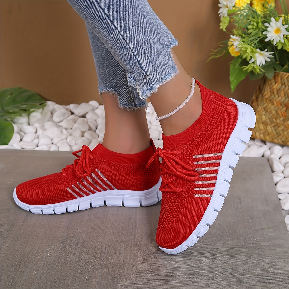 Womens All-Season Lace Up Knit Sneakers - Breathable Mesh Upper, Comfortable Fabric Insole, EVA Sole, Versatile Solid Color Running Shoes for Casual Wear