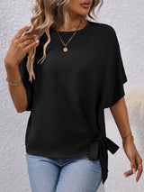 Solid Knotted Blouse, Casual Crew Neck Asymmetrical Blouse, Women's Clothing