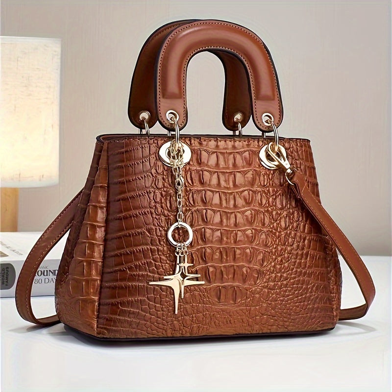 Luxurious PU Crocodile Print Tote Bag - Spacious Interior, Zipper Closure, Polyester Lining, Top Handle Satchel, Shoulder Bag, Crossbody Bag & Purse - Elegant Womens Fashion Handbag with Edge Painted Details
