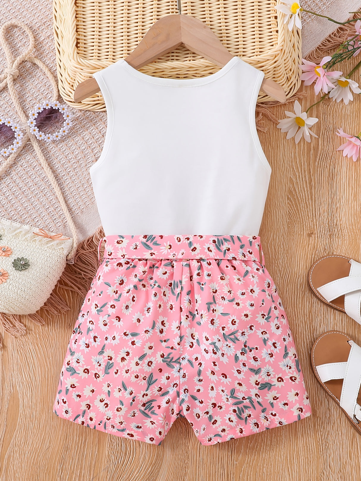 Girls 2pcs Round Neck Sleeveless Tank Top & Elastic Waist Shorts With Belt Floral Love Print Casual Kids Clothes Summer