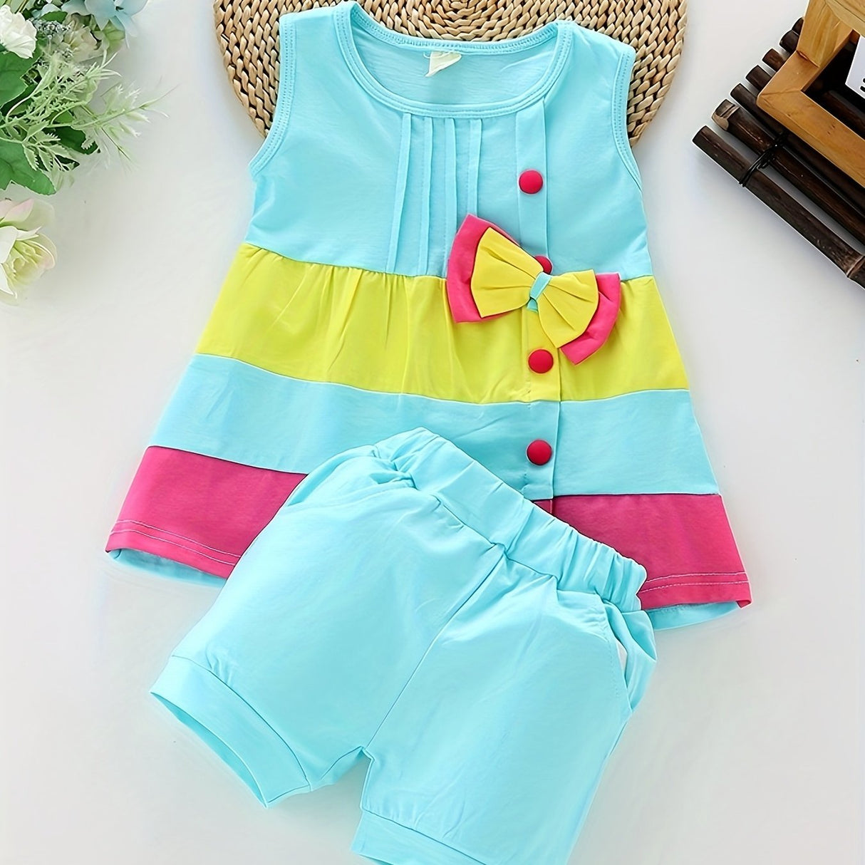 Baby girl fashion summer bow patchwork vest shorts two-piece set of western-style outfits, Perfect for Outdoor