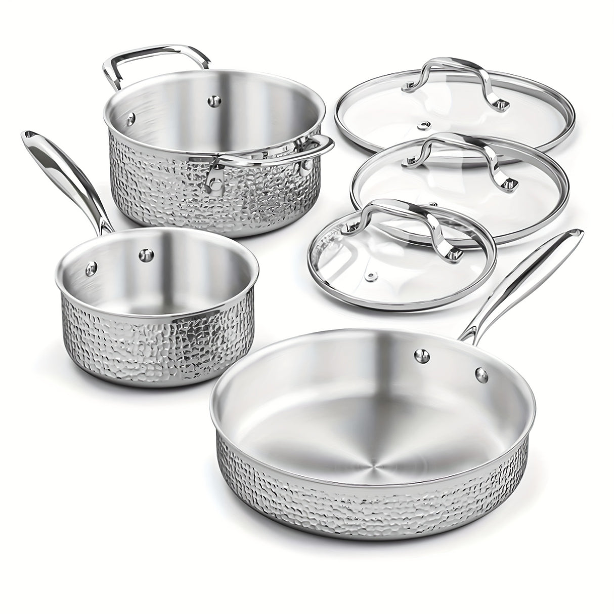 Wodillo 6pcs Hammered Cookware Set, Stainless Steel Pots And Pans Set With Tempered Glass Lids, Kitchen Induction Cooking Pot And Pan Set Compatible With All Cooktops, Oven & Dishwasher Safe