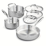 Wodillo 6pcs Hammered Cookware Set, Stainless Steel Pots And Pans Set With Tempered Glass Lids, Kitchen Induction Cooking Pot And Pan Set Compatible With All Cooktops, Oven & Dishwasher Safe