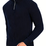 Men's Stand Collar Solid Knit Sweater, Men's Casual Lapel Slightly Stretch V-Neck Pullover Sweater For Men Winter Fall