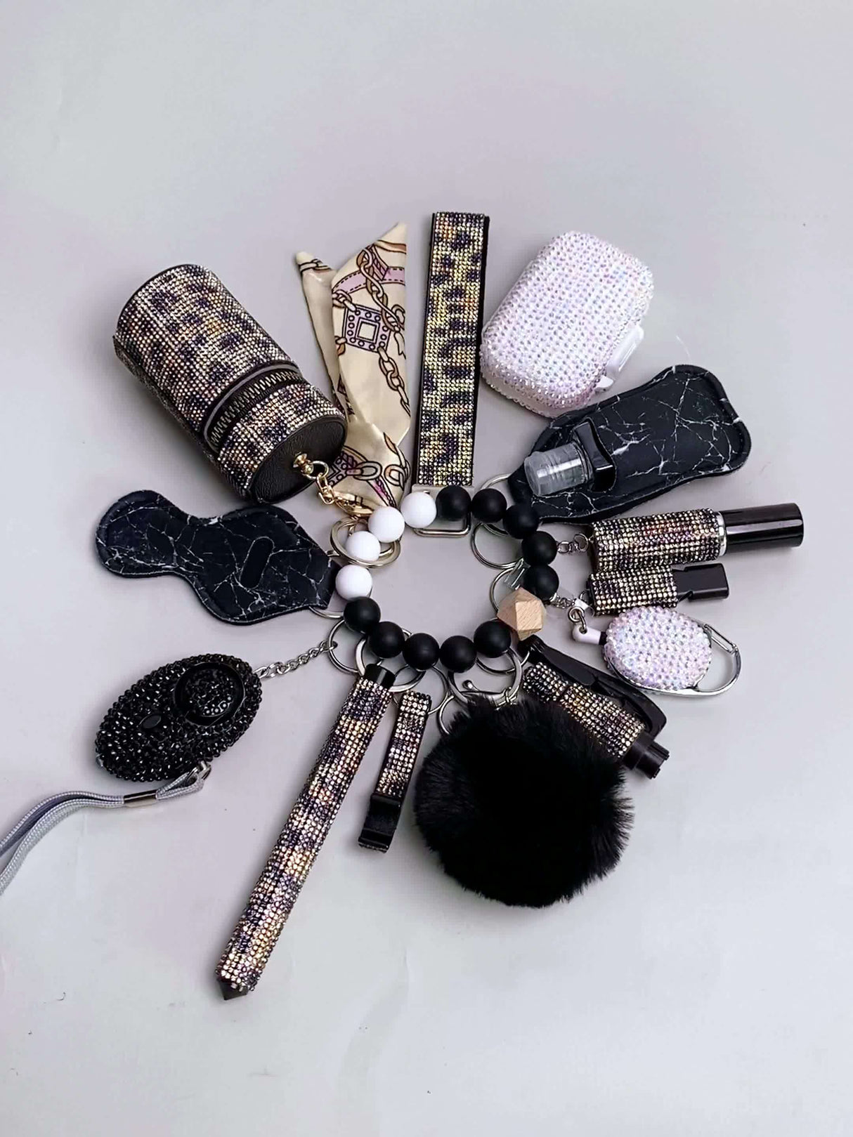 13-Piece Rhinestone Self-Defense Keychain Set - Stylish Wristband Keychain with Storage Bag and Pompom Card Bag Accessories for Women's Protection and Fashion - Strong, Durable, and Practical Christmas Gift or School Season A