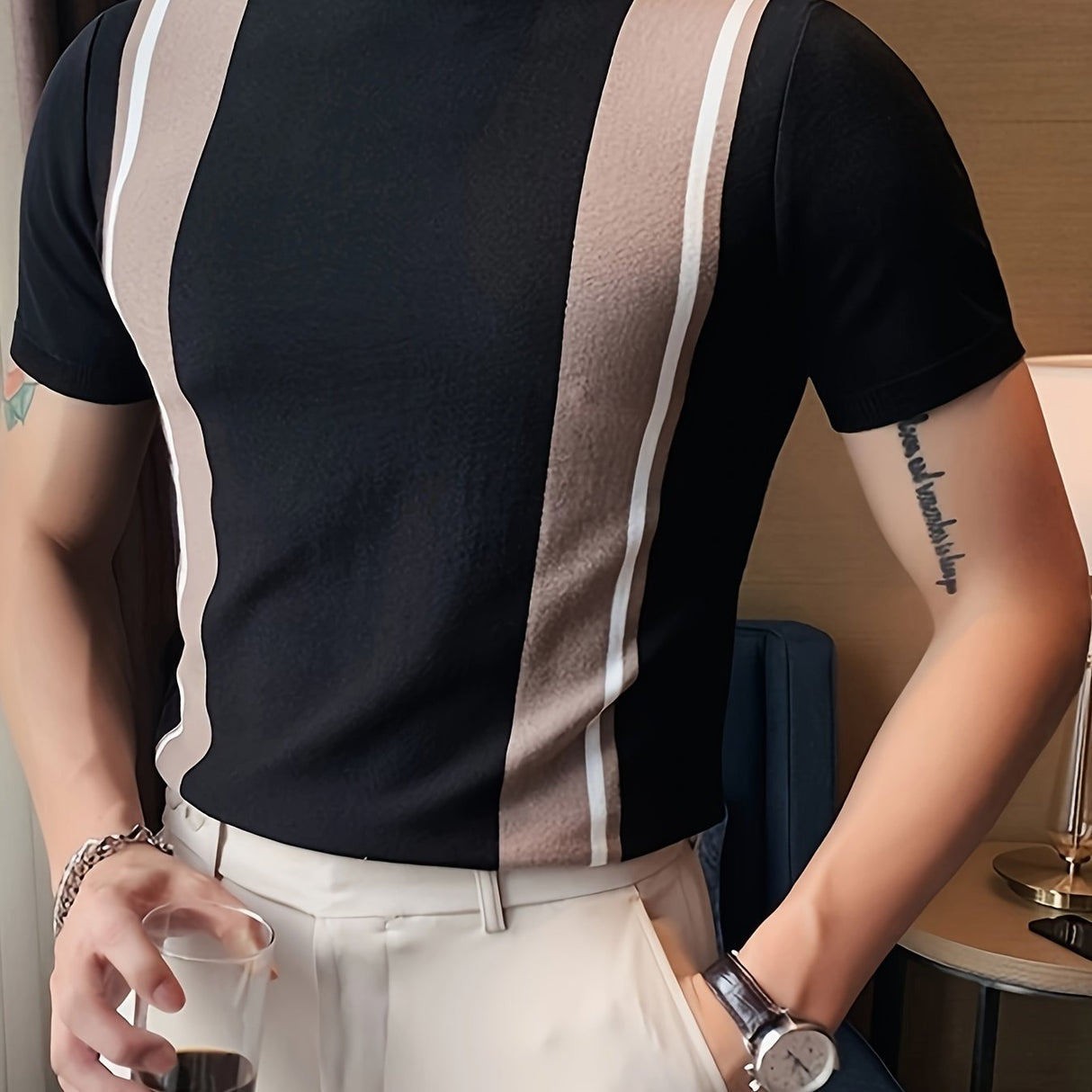 Color Block Chic Knit Shirt, Men's Casual Crew Neck High Stretch V-Neck Pullover Sweater For Men Spring Fall