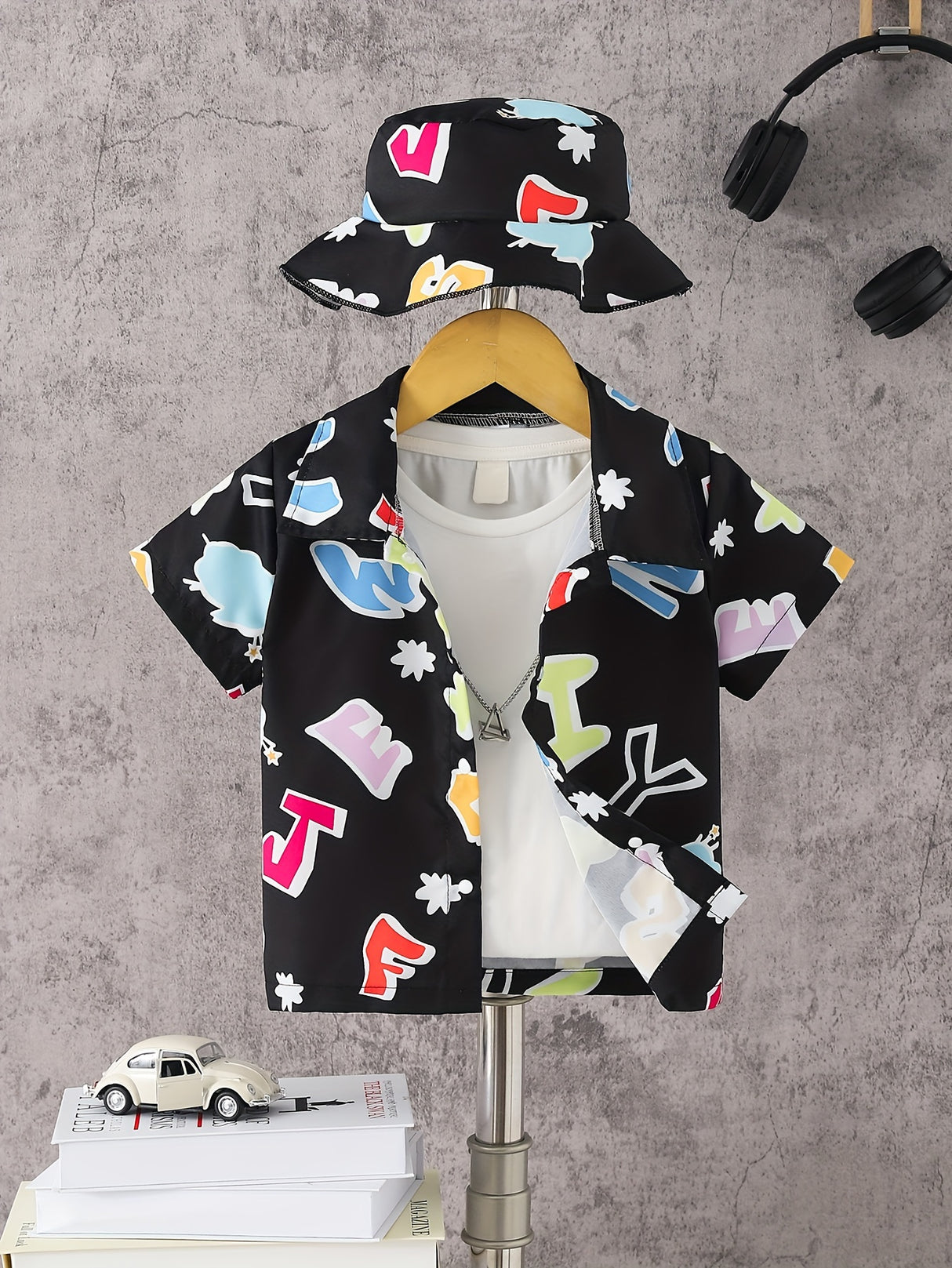 Cartoon Colorful Letter Print Boys Creative Shirt & Hat (Without T-shirt), Casual Short Sleeve Lapel Shirt Tops, Boys Clothes For Summer Outdoor