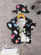 Cartoon Colorful Letter Print Boys Creative Shirt & Hat (Without T-shirt), Casual Short Sleeve Lapel Shirt Tops, Boys Clothes For Summer Outdoor