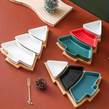 1set, Ceramic Breakfast Tray, Christmas Tree Shaped Plates Chip & Dip Set, Christmas Ceramic Snack Plate With Bamboo Tray, Removable Porcelain Tree Appetizer Dessert Fruit Salad Saucers Bowl, Cutlery Platter Serving Dish