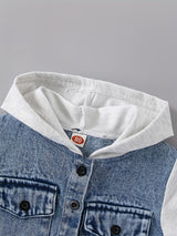 Toddler Boys Stylish Hooded Stitching Long-sleeved Single-breasted Denim Coat With Umbrella-shaped Hem Design, Kids Clothes Autumn And Winter