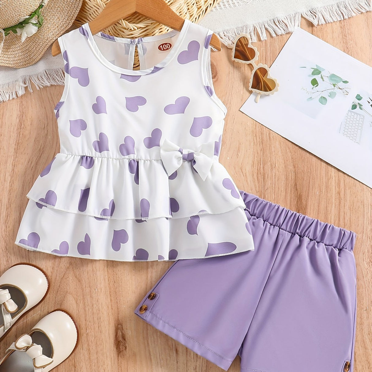 Girls Casual Trendy Cute Heart Graphic Sleeveless Peplum Top & Shorts Set For Summer Holiday Party Kids Clothes