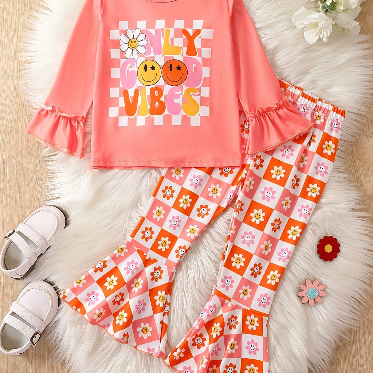 Toddler Girls 2pcs ONLY GOOD VIBES Print Top & Flare Pants Kids Clothes Gift
