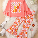 Toddler Girls 2pcs ONLY GOOD VIBES Print Top & Flare Pants Kids Clothes Gift