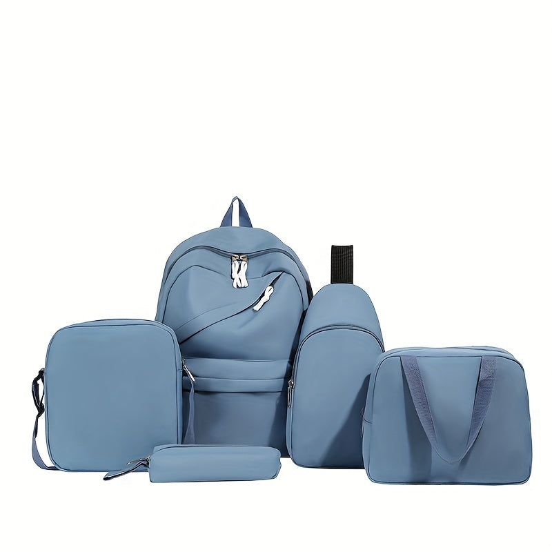 5pcs/set Multi-functional College Bag Set - Solid Color Laptop Backpack with Chest Bag, Handheld Bag, Sling Bag, and Pencil Pouch for Men and Women's Daily Commute