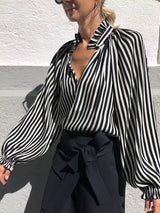 Chic Striped V-Neck Blouse with lettuce trim - Fashionable Long Sleeve Top for Women - Elegant Casual Wear