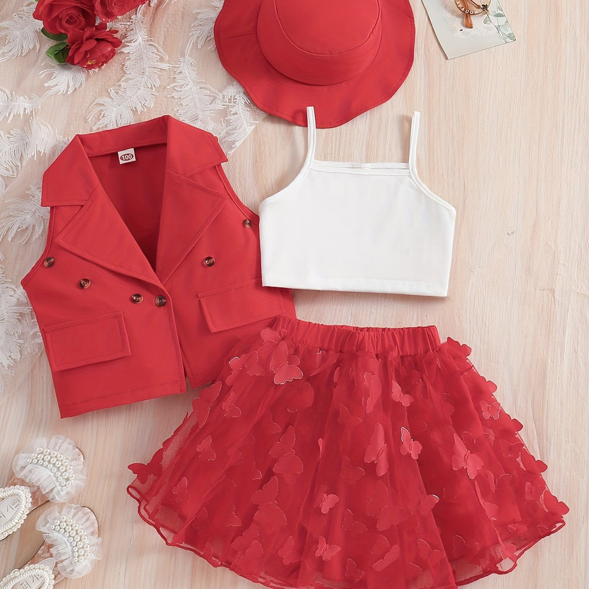 4-Piece Girl's Vest, Camisole, Hat, and Elastic Waist Skirt Set - Butterfly Mesh Decor, Cute Trendy Outfits for Summer, Breathable, Comfortable, and Adorable Kids Clothes for Little Princesses
