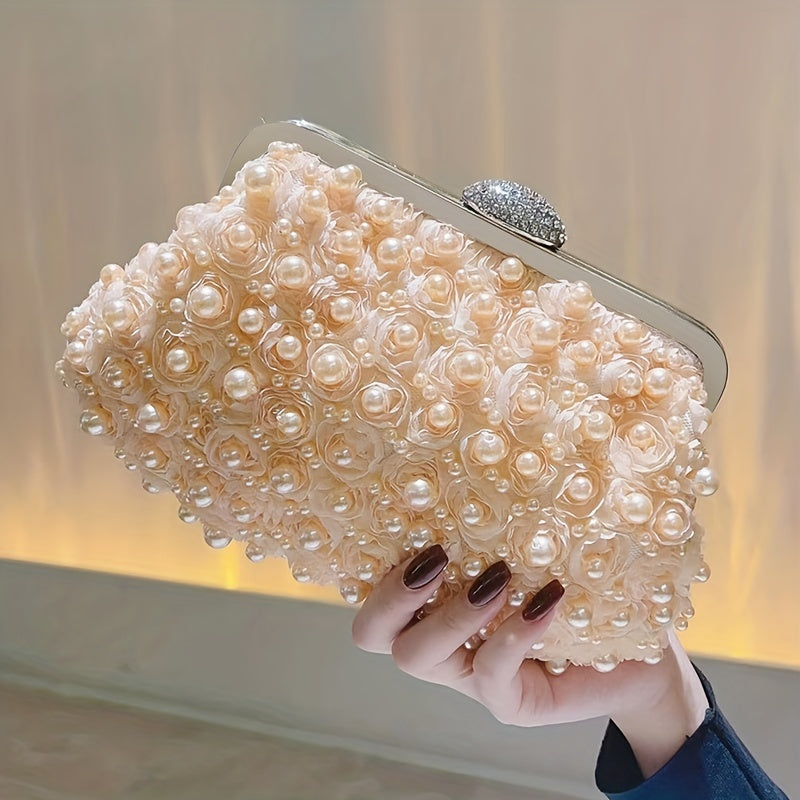 Luxurious Faux Pearl Evening Clutch Bag - 3D Flower Embellished, Top Ring Design, Wedding Bridal Prom Banquet Purse with Elegant Look and Compact Size