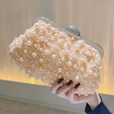 Luxurious Faux Pearl Evening Clutch Bag - 3D Flower Embellished, Top Ring Design, Wedding Bridal Prom Banquet Purse with Elegant Look and Compact Size