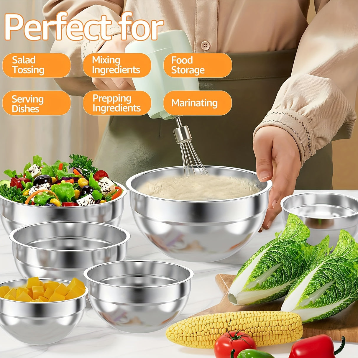 Mixing Bowls With Colorful Airtight Lids, 6 Piece Stainless Steel Metal Bowls With 3 Grater Attachments, Size 4.2, 3.5, 2.5, 2, 1, 0.67QT