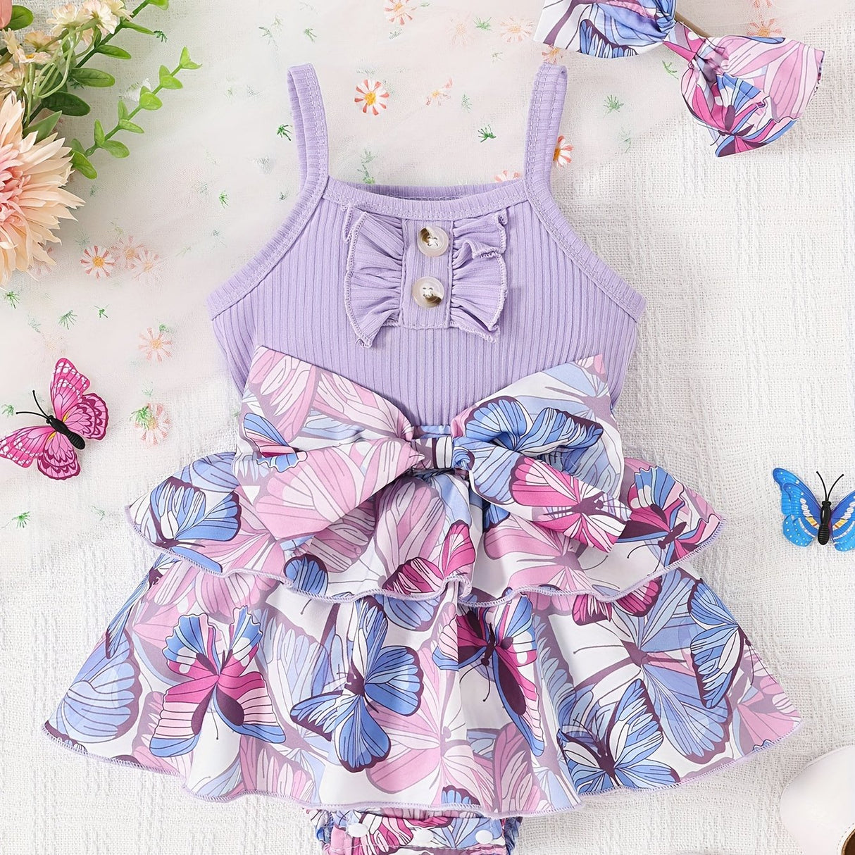 Baby Girl Summer Butterfly Print Combination Vest And Bow+Headband Two-Piece Set, for Outdoor