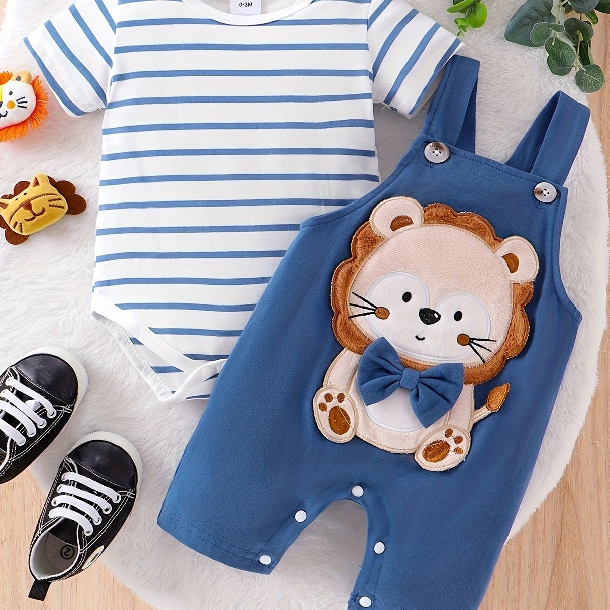 Baby Boy Clothes Blue Striped Climbing Clothing+Little Lion Back Trousers Two -Piece Suit with 0 - 18Months