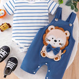 Baby Boy Clothes Blue Striped Climbing Clothing+Little Lion Back Trousers Two -Piece Suit with 0 - 18Months