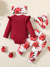 Newborn Baby Girl Clothes Hello I'm New Here Letter Romper+Floral Pants+Hat+Headband+Gloves Coming Home Outfits