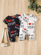 2pcs Baby Boy Summer Outfit, Casual Knit Polyester & Spandex Jumpsuit with "I Love Grandma, Mom, Dad" Alphabet Print, Regular Fit Short Sleeve Set, for Outdoor