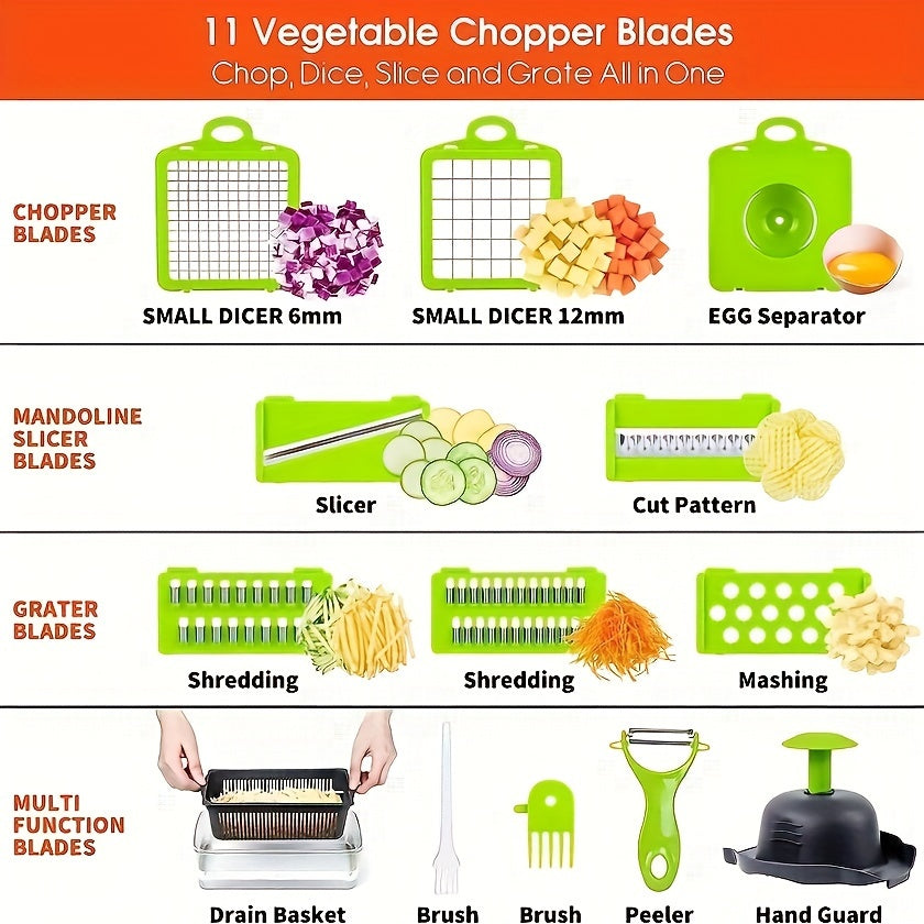 14-in-1/ Set Upgraded Vegetable Chopper With Container, Professional Food Chopper, Multi-Functional Fruit Slicer, Manual Food Shredder, Onion Grater With Multiple Interchangeable Blades Chopper, Dicer (Kitchen Gadgets And Ess