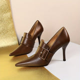 Lightweight Brown PU Stiletto Heels - Elegant Pointed Toe with Decorative Buckle Strap, Versatile Strappy Heels for Women All Seasons