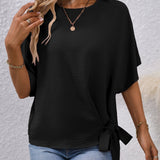Solid Knotted Blouse, Casual Crew Neck Asymmetrical Blouse, Women's Clothing