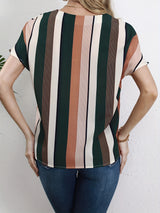 Striped Notched Neck Blouse, Casual Short Sleeve Blouse For Spring & Summer, Women's Clothing